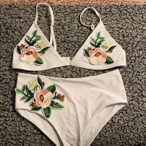 White, floral, high waisted bikini top & bottom